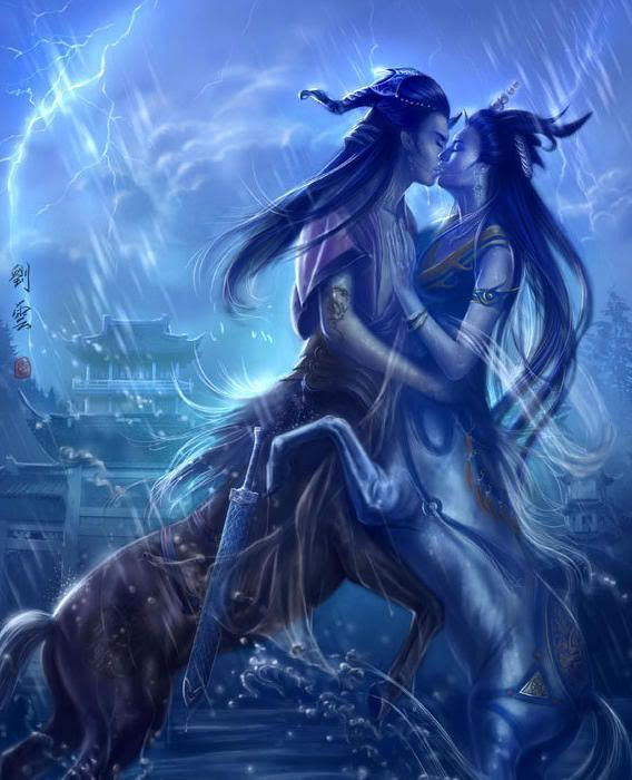 Couple De Centaures Cabrés S'embrassant
