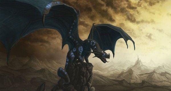 Dragon Noir Bleuté Sur 1 Rocher