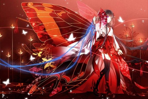 Fée Manga Papillon Rouge Avec Un Éventail 