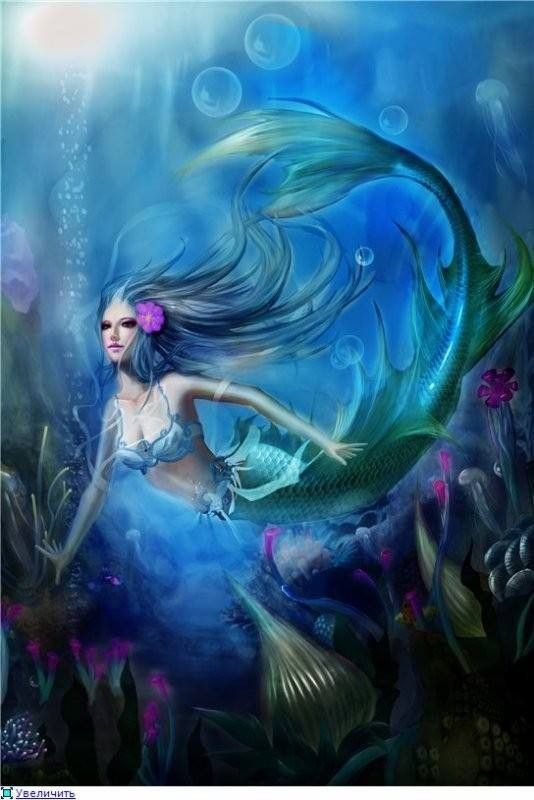 Sirène Bleue Avec 1 Fleur Violette Dans Les Cheveux
