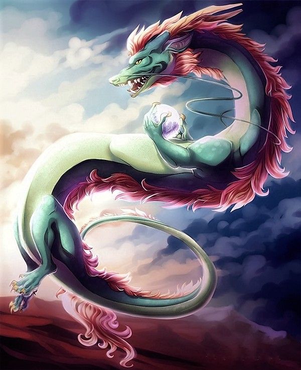 Dragon Oriental Vert Rouge Avec Une Orbe