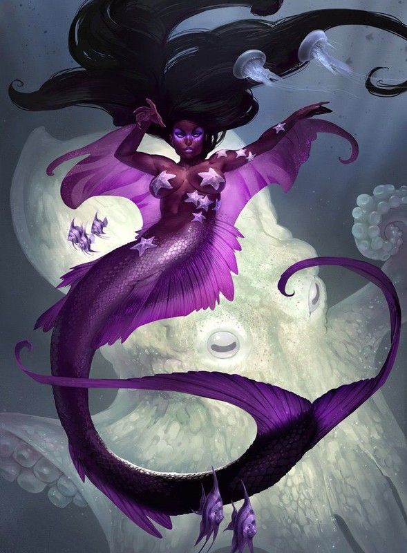 Sirène violet étoilé aux cheveux longs noirs
