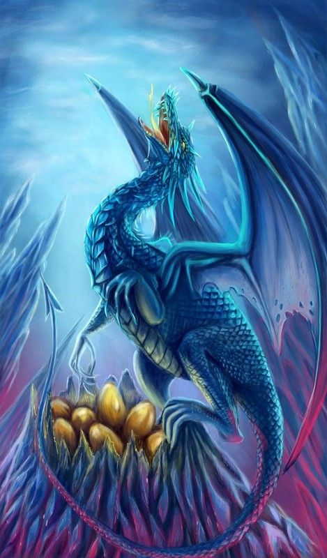 Dragonne Bleue Veillant Ses Oeufs
