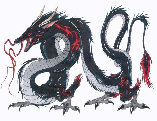 Dragon Oriental Noir Gris Rouge Dessiné