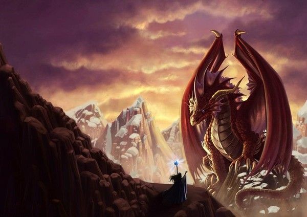 Dragon Rouge Assis Devant Un Enchanteur