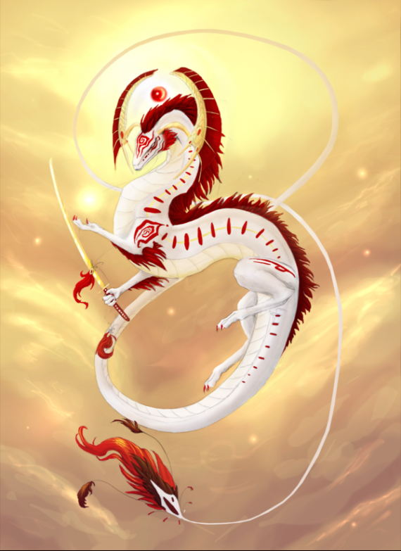 Dragon Oriental Blanc Écarlate Samouraï