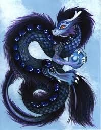 Dragon Oriental Noir Avec 1 Orbe Bleue