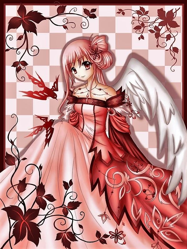Ange Manga Rose Rouge Sur Fond Carreaux Blancs Roses