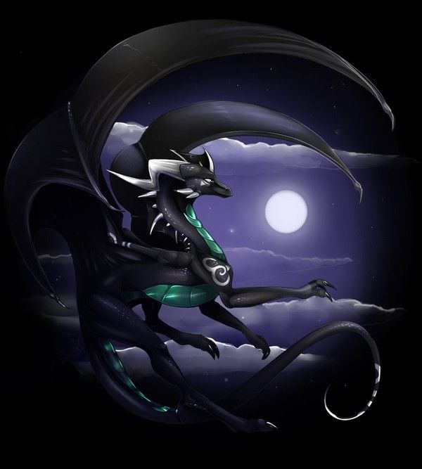 Dragon Noir Turquoise Argent Sous La Pleine Lune