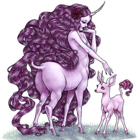 Centauresse Unicorne Violette Avec 1 Faon Fantastique