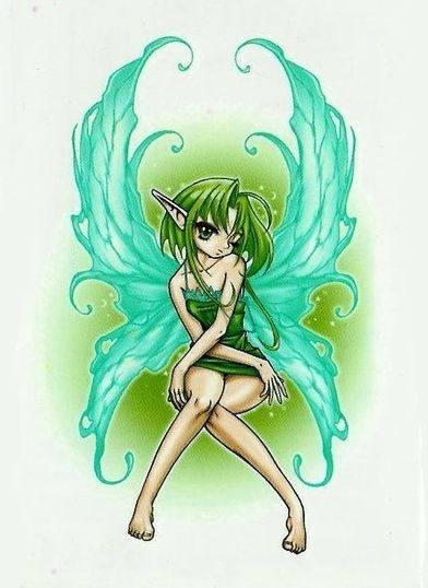 Fée Manga Verte Ailes Turquoises