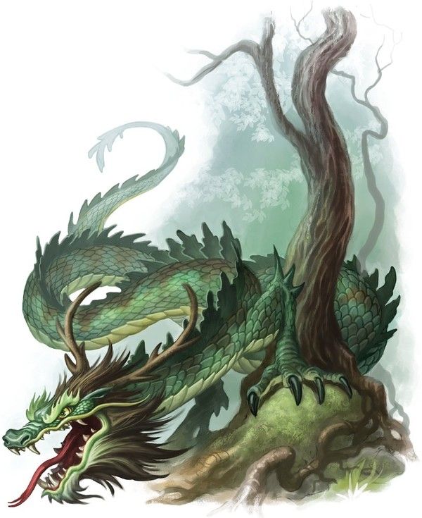 Dragon Oriental Vert Au Pied D'un Arbre