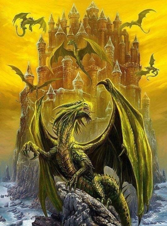 6 Dragons Verts Autour D'une Forteresse
