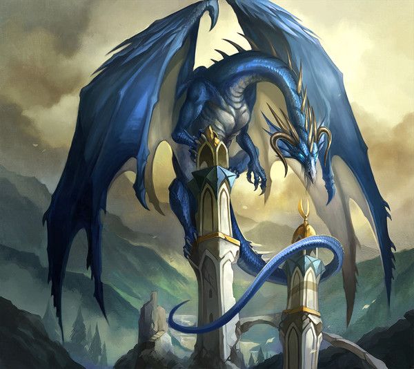 Dragon Bleu Blanc Sur Des Ruines