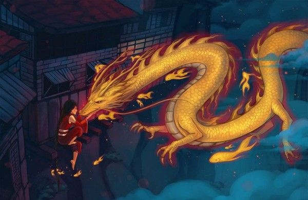 Dragon Oriental Doré Avec Une Fillette