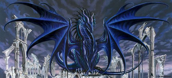 Dragon Bleu Nuit Devant Des Ruines