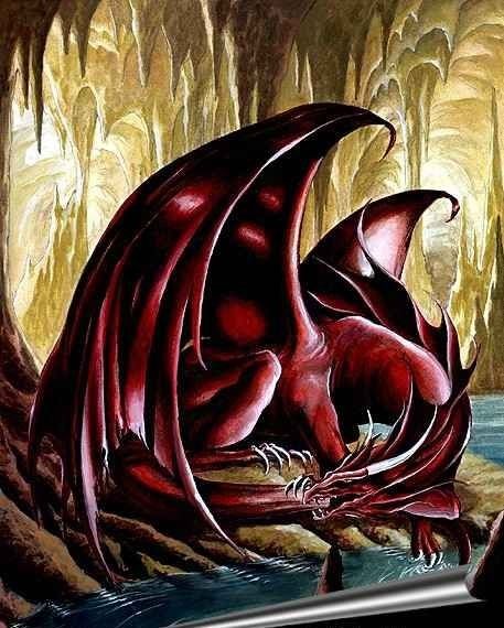 Dragon Écarlate Au Bord De L'eau Dans Une Grotte 