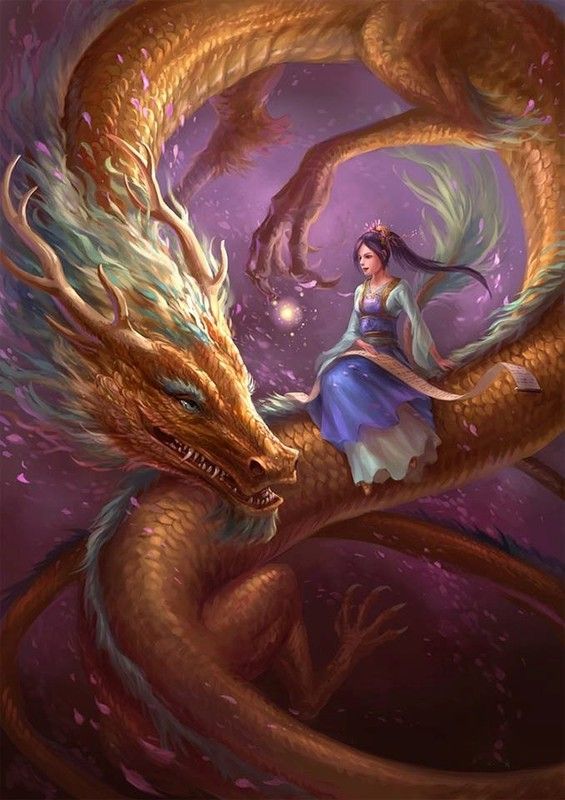 Dragon Oriental Doré & Une Jeune Fille