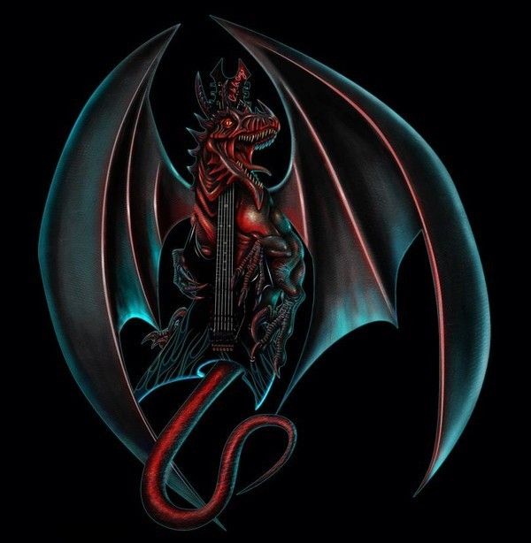 Dragon Noir Reflets Rouge Sur 1 Guitare Electrique Noire