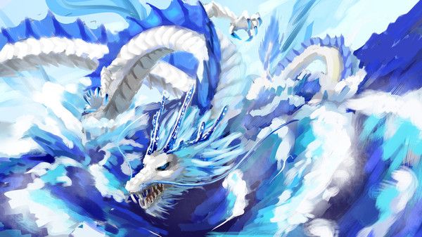 Dragon Oriental Bleu Blanc Tableau Abstrait