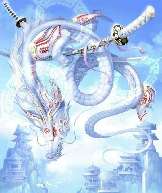 Dragon Oriental Blanc Aux Sabres Japonnais